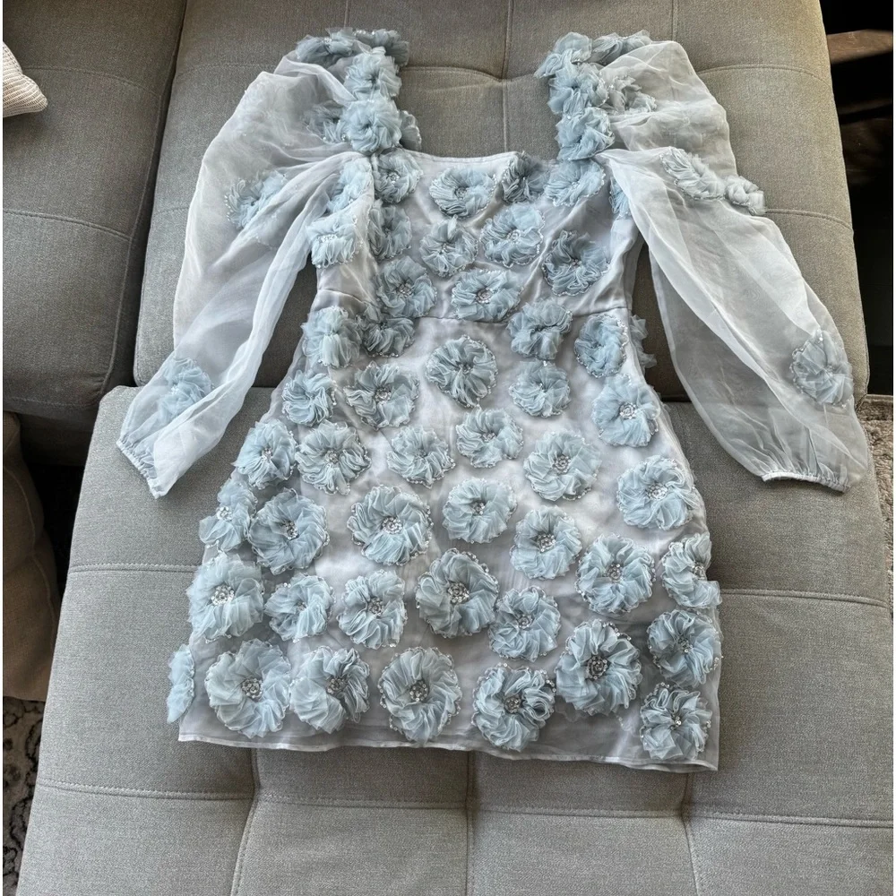 NWT LOVESHACKFANCY Wells appliquéd organza mini dress in blue size 4 - Picture 5 of 12